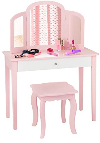 GOPLUS 2-i-1 barnsminkbord/skrivbord, toalettbord och stol, kosmetiskt bord med avtagbar 3-facksspegel och låda, vadderad pall, av trä, i lantlig stil, för barnrum (rosa)