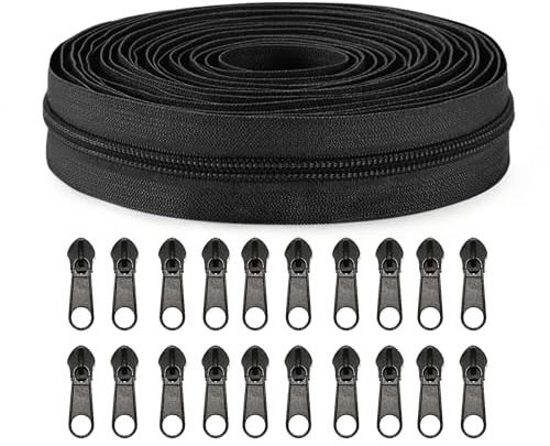 Sawoake - 5 rotoli di cerniere a spirale in nylon da 9,14 m, con 20 cursori per cerniere per cucito, sartoria, borsa per lavori fai da te, abbigliamento, tessile per la casa... (Nero)