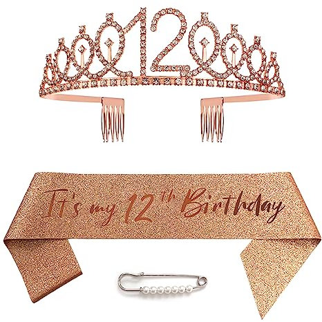 Ceqiny 12. Geburtstag Schärpe Und Tiara, Krone 12 Roségold Kristall Geburtstagkrone Set,Rose Gold Geburtstagskrone Schärpe Deko Birthday Crown für Mädchen Frauen Birthday Party Accessoires