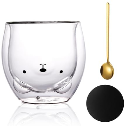 Yuragim Bicchieri con doppia parete, tazza con orso dolce, tazze da tè, bicchieri da caffè, 250ml, bicchiere da caffè con doppia parete, vetro borosilicato, bicchieri isolanti, tazze da caffè, regali