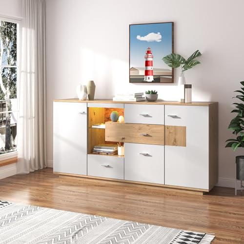 Rtopsu Sideboard Beistellschrank mit LED-Beleuchtung für Küche Wohnzimmer und Esszimmer, Buffetschrank Standschrank Küchenschrank mit 2 Türen und 4 Stauraum Schubladen, 160x40x77 cm, Weiß & Natur
