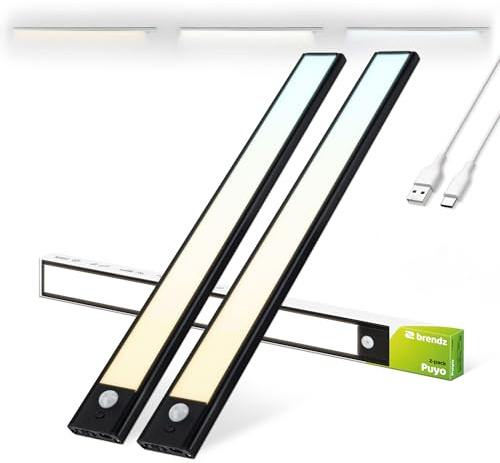 Brendz Armoire Detecteur Mouvement, Reglette LED Rechargeable USB-C, 3 Températures de Couleur, Dressing, Lampe de Placard, Dimmables, Bande Magnétique pour Armoires, Couloirs, 2 x 40cm