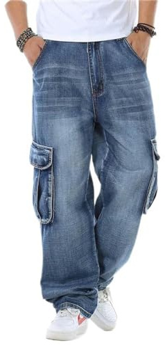 Jeans für Herren, gerade Herren-Jeans, Cargohose, Biker-Jeans, lockere Baggy-Jeans, Blaue Jeans mit Seitentasche, Blau, 32