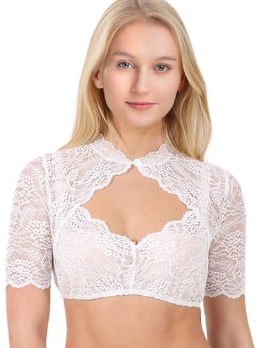 Aomig Blusa de Dirndl Blanca Encaje para Mujer, Cuello Redondo Oktoberfest Tradicional Encaje de Blusa, Oktoberfest Media Manga Blusa Tirolesa de Encaje, M