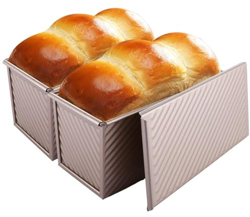 YAYODS 2PCS Loaf Tin with Lid, 1lb (450g) Non Stick Bread Tin with Cover, Gold Carbon Steel Toast Mold loaf Pan for Oven Baking, 21.5x12x11.7CM