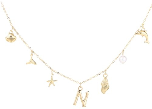Mikovivi Initial A-Z Shell Letter Necklace, 17.72in Gold Letter Seashell Necklace Pendants Jewelry Beach Charm Necklace Birthday Anniversary Presents for Women Girls(N)