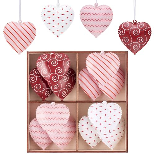Valery Madelyn 12 adornos colgantes de corazón para el día de San Valentín, metal, corazones rojos, rosados y blancos para el día de San Valentín, decoración del hogar con caja de madera, 2 pulgadas
