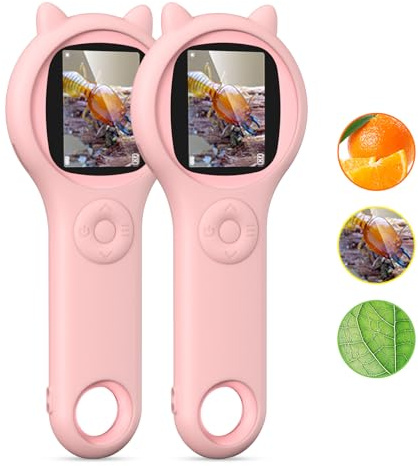 2Pcs Pink Microscope for Kids-200X Portable Digital Mini Microscope- Your Little Scientist Miniscope - STEM Toy for Age 3 4 5 6 7 8 9 10 11 12 Years Old Toddlers