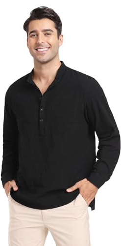 North Bund Hombre Camisa de Lino Verano XL Negro Manga Larga Henley Shirt Casual Playa