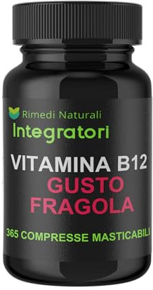 Vitamina B12 Gusto Fragola - 365 Compresse Masticabili da 1000 mcg - Cianocobalamina e Metilcobalamina - Energia - Sistema Immunitario - Contro la Stanchezza e l' Affaticamento