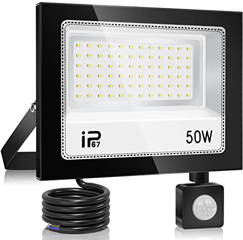 YZYFACAI Foco Led Exterior 50W con Sensor Movimiento,Iluminación de Exterior Seguridad,7000K Blanco Frío,Proyector LED Exterior,IP67 Impermeable 5000LM,para Patio,Garaje,Entrada,Fábrica,Campo