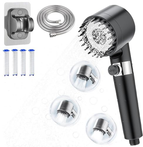 Soffione doccia ad alta pressione con tubo e filtro a 15 fasi, anticalcare, doccetta regolabile risparmio acqua, 3+1 tipi getti