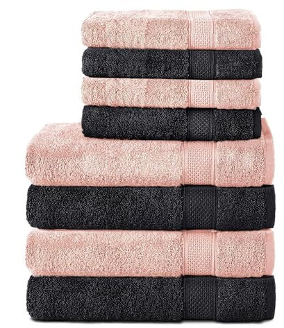 Komfortec 8er Handtuch Set aus 100% Baumwolle, 4 Badetücher 70x140 und 4 Handtücher 50x100 cm, Frottee, Weich, Towel, Groß, Schwarz/Rosa