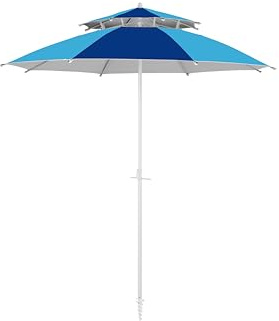 Domo Mea Ombrellone da Spiaggia Doppio Tetto, 240 cm, Blu Navy-Light Blue, Protezione UV50+, Alluminio