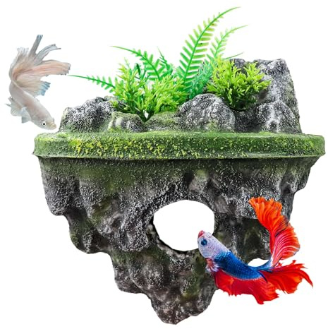 MinrzPet Floating Island Fish Tank Decorations – Aquarium Decor with Hideout Tunnel, Betta Fish and Shrimp Cave, PVC Aquarium Accessory with Artificial Plants