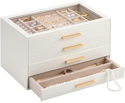 Lolalet Caja Organizadora de Joyas de 4 Niveles con Tapa de Vidrio, Joyero para Anillos Pendientes Pulseras y Collares, Estuche de Almacenamiento para Mujer y Niña, Regalo Elegante – 4 Capas, Beige