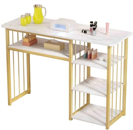 COZYDEN Table Manucure avec 3 Étages, Bureau Prothésiste Ongulaire avec Texture Marbre et Cadre Doré, Table de Manucure Spacieuse pour Institut Beauté, Salon à Domicile(100x40x76cm)