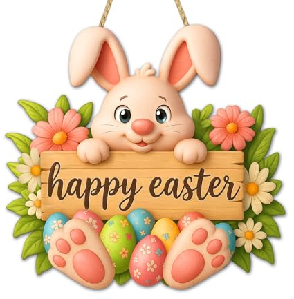 WALENGIF Wooden Easter Bunny Door Decorations Happy Easter Door Sign Easter Door Hanger Sign Plaque for Wall Home Window Wreath Farmhouse Indoor Outdoor Easter Spring Decorations