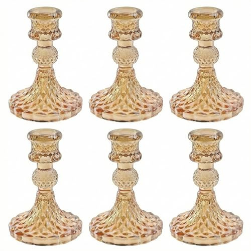 Olrla Lot de 6 bougeoirs en verre ambré transparent pour bougies à tige - Décoration de table élégante pour mariage, Noël et décoration d'intérieur