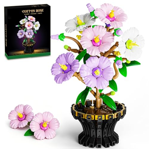 QGGQ 503PCS Hibiscus Flower Building Blocks Set for Adults, Artificial Flowers Bouquet Botanicals Kit, DIY Home Decoration Kit, Flowers Plant Home Decor Gift for Mother's Day, Valentine Day, Birthday