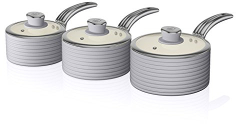Swan SWPS3020GRN Retro Induction Saucepan Set With Glass Lids, Non Stick Ceramic Coating, Easy to Clean, Grey, 3 Piece, 16/18/20 cm