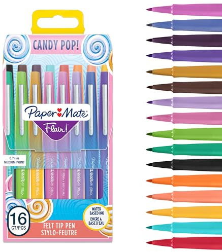 Paper Mate Flair filtspetspennor | Mediumspets (0,7 mm) | Sortiment av Candy POP-färger | 16 stycken