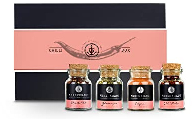 Ankerkraut Geschenk-Set Chili, mit Chipotle Chili, Chili Flocken, Grüne Jalapeño und Cayennepfeffer im Korkenglas, Mix aus scharfen Zutaten, Gewürze in hochwertiger Deluxe-Box mit Banderole