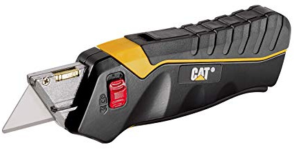 Cat Safety Utility Knife Box Cutter Self-Retracting, Squeeze Handle to Extend, Release to Retract, Lock Open w/Switch, Ergo Handle w/ 3 Safety-Tip Blades That Store Inside - 240071