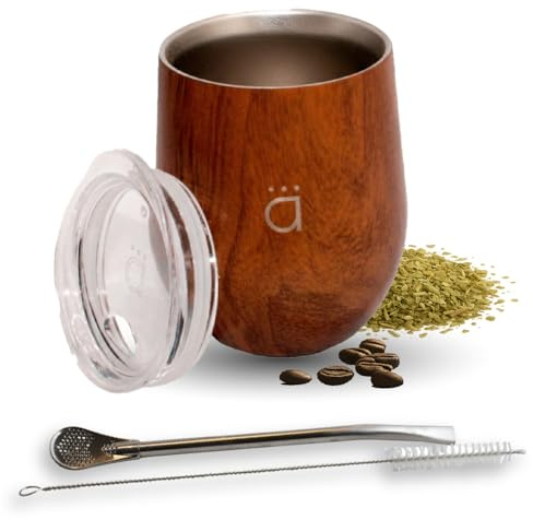 Kalmateh Yerba Mate Cup/Gourd 8oz, Stainless Steel Tea Cup, 3 Pcs Set Includes Bombilla Filter Straw & Cleaning Brush