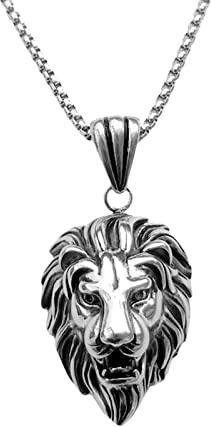 EMSea Collana con ciondolo a forma di testa di leone, in acciaio al titanio 316, 21 cm, stile rock punk, per uomo, amico, figlio, Titanio Argento