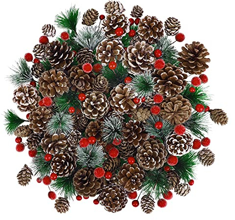 Fovths 232 Pieces Christmas Wreath Making Decoration Artificial Pine Cone Berry Set Pine Natural Pinecones Branches for Xmas Tree Ornament Home Fall Winter Christmas Party DIY