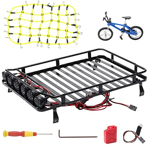 Rchobbytop Metal RC Roof Rack (9.25 x 6.10 Inch) w/ 6 LED Lights & Elastic Luggage Net & Mini Gas Can & Bike Decor Accessories for 1:10 Rock Crawler SCX10 RC4WD TRX-4 (12.3/313mm Wheelbase)