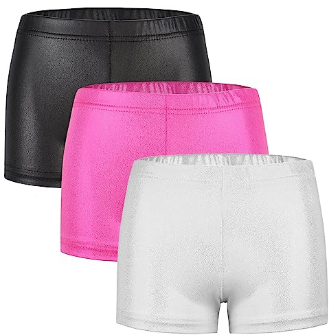 Happy Cherry Lot de 3 Short Gymnastique Métallique pour Fille Enfant Extensible Caleçon de Danse Ballet Verni Brillant Court Leggings de Yoga Gym Jazz Hip-Hop Latino Patinage