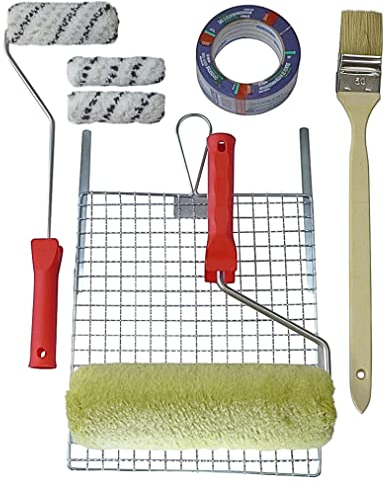 ROTIX Fassade streichen mit Farbrollern und Pinsel | Fassadenroller mit Abstreifgitter | Kleinwalzen für Kleinflächen |Heizkörperpinsel | Abdeckband | 9-teilges Set