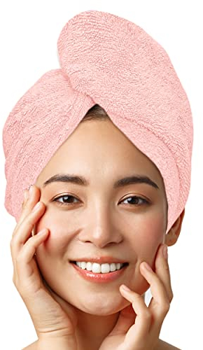 LUXTOGO® Haarturban-Premium Haarhandtuch 100% Baumwolle, Hochwertiges Turban Handtuch mit Knopf und Gummizug, Super Saugfähiges Kopfhandtuch (1 STK Rosa)