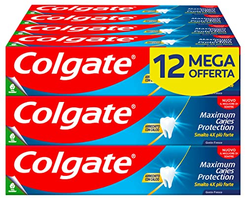 Colgate Dentifricio Maximum Caries Protection 12 Confezioni da 75 ml | tecnologia anticarie superiore***| Smalto 4x più forte | dentifricio al fluoro con arginina | ottimo sapore di menta