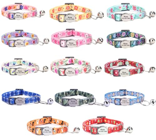 Moonpet Personalisiertes Katzenhalsband mit Namen und Telefonnummer, Katzenhalsband mit Sicherheitsverschluss und glöckchen-Blau kariert