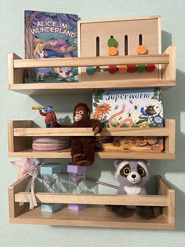 MaLa - 3er Set Natur Bücherregale aus Massivholz – Schweberegal Kinderzimmer Badezimmer Küche Wohnung – Montessori Wandregal für Spielzeug Bilder und Bücher | Abgerundete Ecken