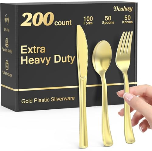Dealusy 200 Count Heavy Duty Gold Plastic Silverware, 100 Forks, 50 Spoons, 50 Knives, BPA-Free, Heat Resistant, Disposable Plastic Utensils Set Cutlery Set, Plasticware Bulk