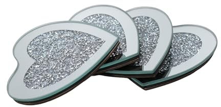 SERENA'S ® 4 Pack Crushed Diamond Crystal and Mirror Coasters Set of 4 Glittering Silver Coasters for Home Kitchen Bar & Restuarant Decor (Heart)