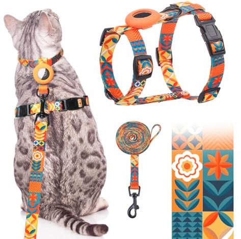 SCENEREAL Katzengeschirr und Leine, ausbruchsicher, mit Airtag-Halter, verstellbares Geschirr für Kätzchen, große Katzen, Weste, Geschirr für Spaziergänge, Outdoor, drinnen, Frühling, Sommer, Urlaub,