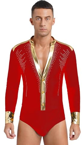 Runhomal Herren Glitzer Tanz-Body Bodysuit V-Ausschnitt Gymnastikbody Ballsaal Samba Latein Body mit Mesh Langarm Performance Tanzkostüm Rot M