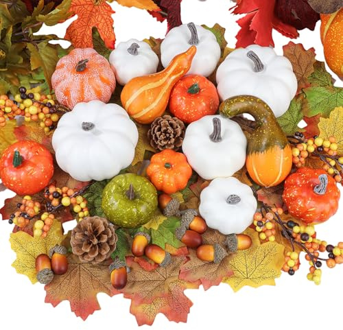 Fangoo 110 Pezzi Decorazioni Zucche Autunnali Artificiale Zucche Ghiande di Pino Frutta Rossa Decorativa Foglie d'acero Finte per Autunnale Casa Decorazioni di Festa Ringraziamento Halloween