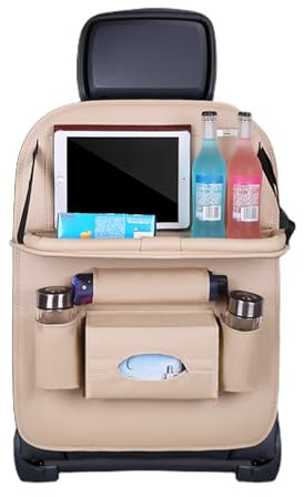 Auto-Organizer, Autositz-Organizer, Auto-Rücksitz-Organizer mit faltbarem Esstisch, mehrere Taschen, wasserdicht, Rücksitzschutz für Kinder, Beige