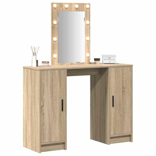 vidaXL Smyckebord med lagring Brun 102 x 33 x 135 cm Konstruerat trä, Elegant spegelbord, modern sminkbyrå med LED-belysning, minimalistiskt sminkbord för sovrumsmöbler