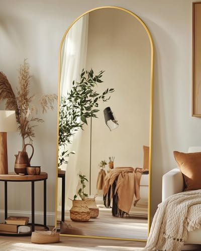 Antok Miroir Pleine Longueur, 147 x 45 cm Grand Miroir sur Pied Bombé, Miroir Mural avec Cadre en Alliage en Aluminium et Verre Incassable, Miroirs de Sol pour Salon, Dressing, Or