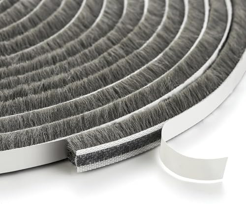 10 Meter Draft Excluder Tape for Door Windows, Brush Weather Stripping 9 mm(W) x 5mm(T), Self-Adhesive Windows Seal Strip Air Stopper for Sliding/External Doors, Gray