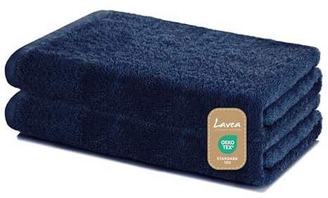 Lavea Duschtücher 2er Set 60x120 cm – Weiche & saugstarke Handtücher aus 100% Baumwolle – Navy – Oeko-TEX 100 Zertifiziert – mit Aufhängeschlaufen – Waschbar bei 60 Grad – Wellness Badetücher