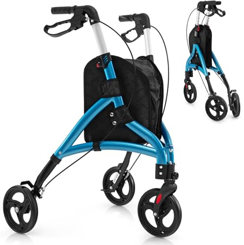 HOMFME Lightweight Folding Rollator Walkers, Aluminium Tri Walking Frame with Adjustable Handle, Storage Bag, Braking System, Foot Lift, 3 Wheel Medical Walking Aid for Elderly Disabled (Blue)