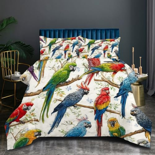 Nuphtun Edredón 240x260 cm Loro De Colores, 3D Estampada Juego de Cama 240x260 cm, 3 Piezas Edredón Liviano Microfibra + Funda de Almohada